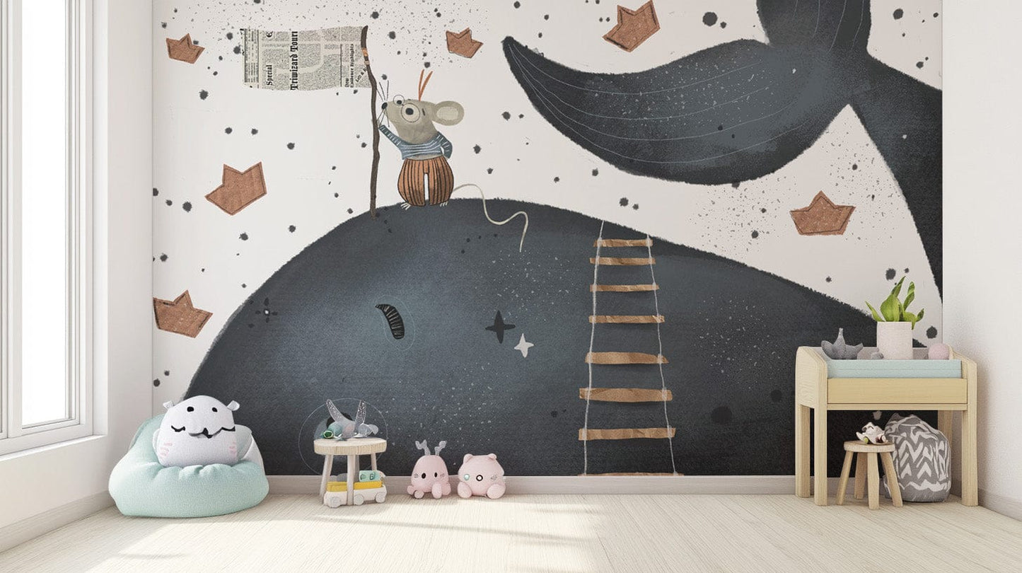 Unique mural art of a deep blue behemoth with rats in mischief. B792