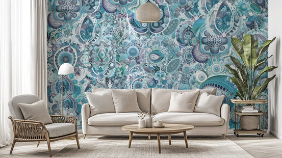 Blue abstract Haeckel wallpaper for a modern, artistic wall design. DTIL09