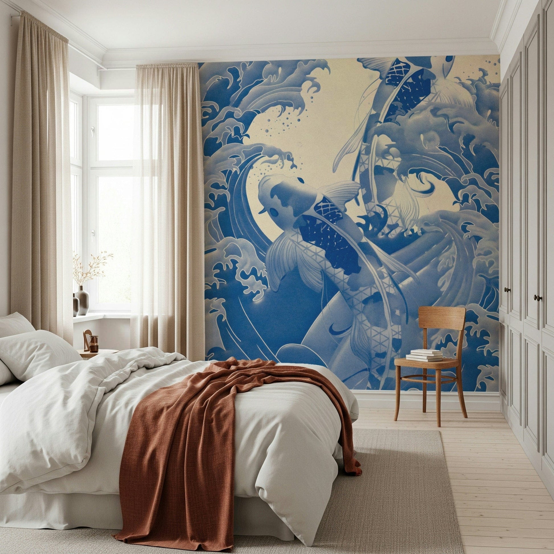 Majestic Deep Blue Koi wallpaper displays swirling ocean foam and graceful fins.