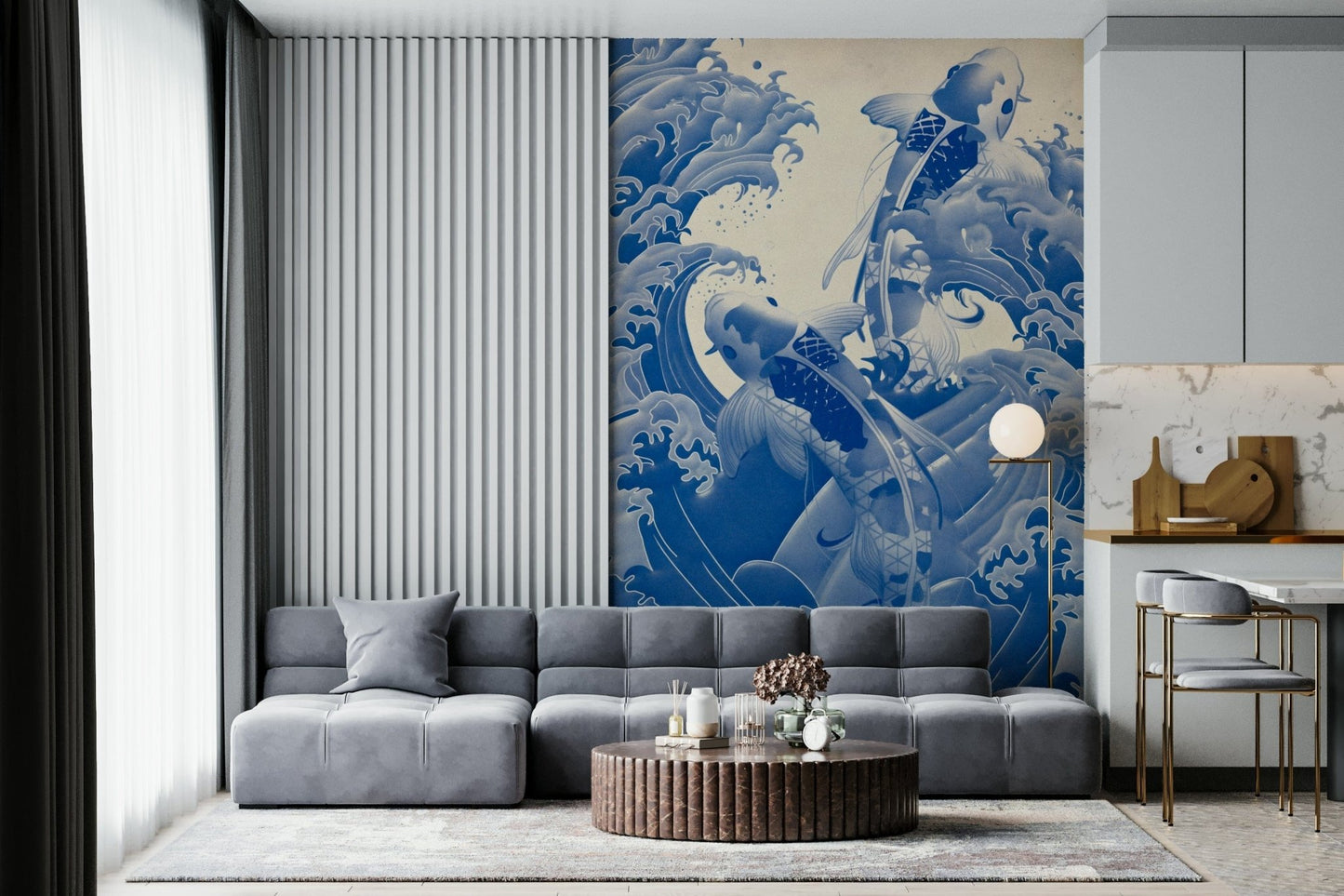 Graceful Deep Blue Koi wallpaper highlights intricate scale patterns within foaming spray.
