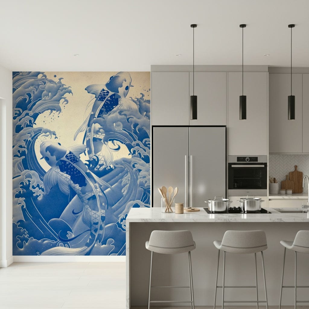 Dynamic Deep Blue Koi wall mural showcases powerful indigo carp jumping high.