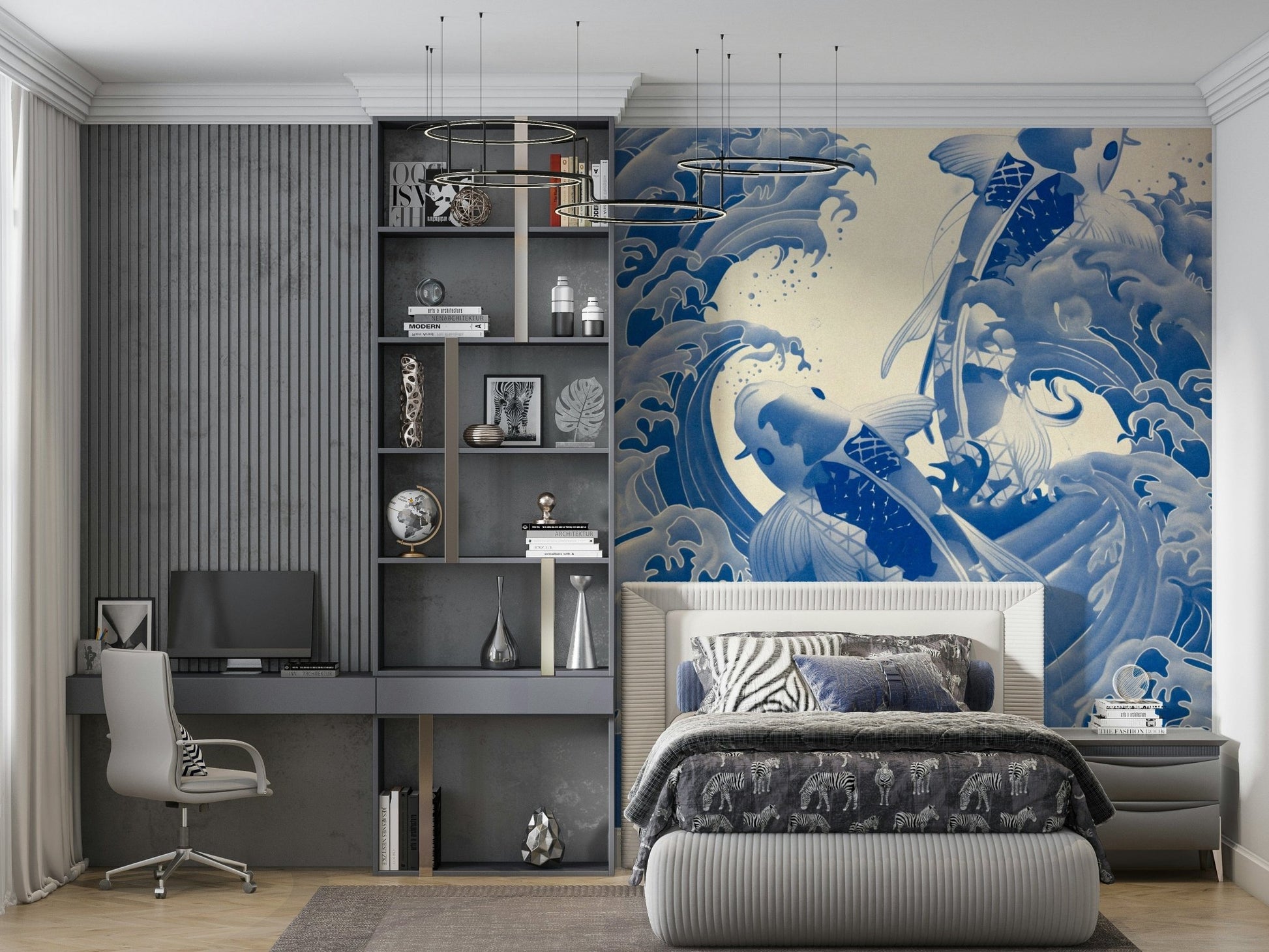 Ethereal Deep Blue Koi wall mural features leaping fish among crashing waves.