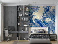 Ethereal Deep Blue Koi wall mural features leaping fish among crashing waves.