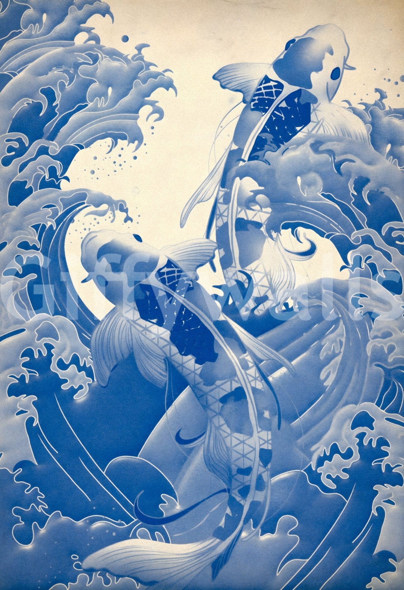 Classic Deep Blue Koi wall mural celebrates perseverance through artistic water visuals.
