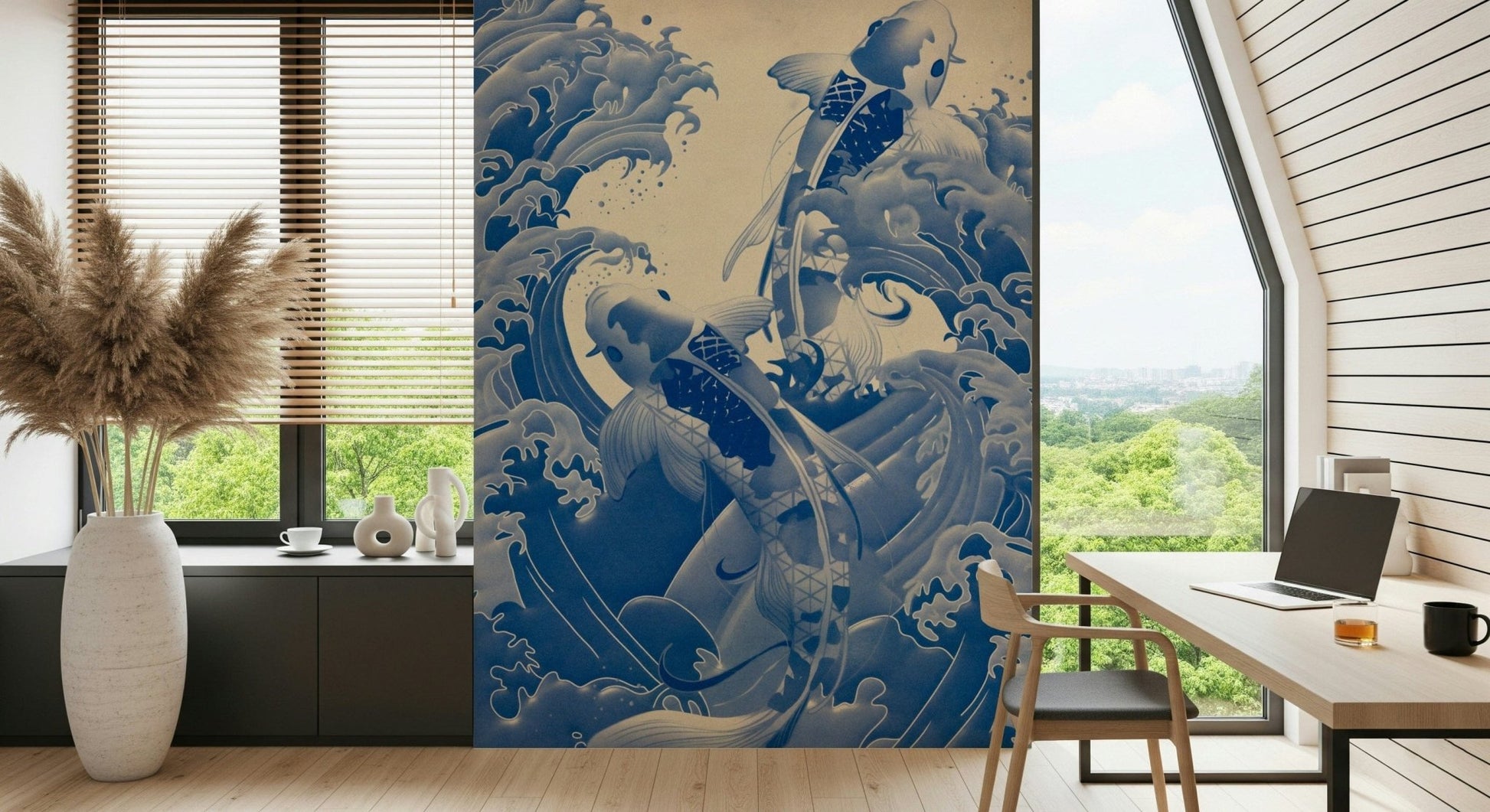 Artistic Deep Blue Koi wall mural creates stunning focal point using cobalt.