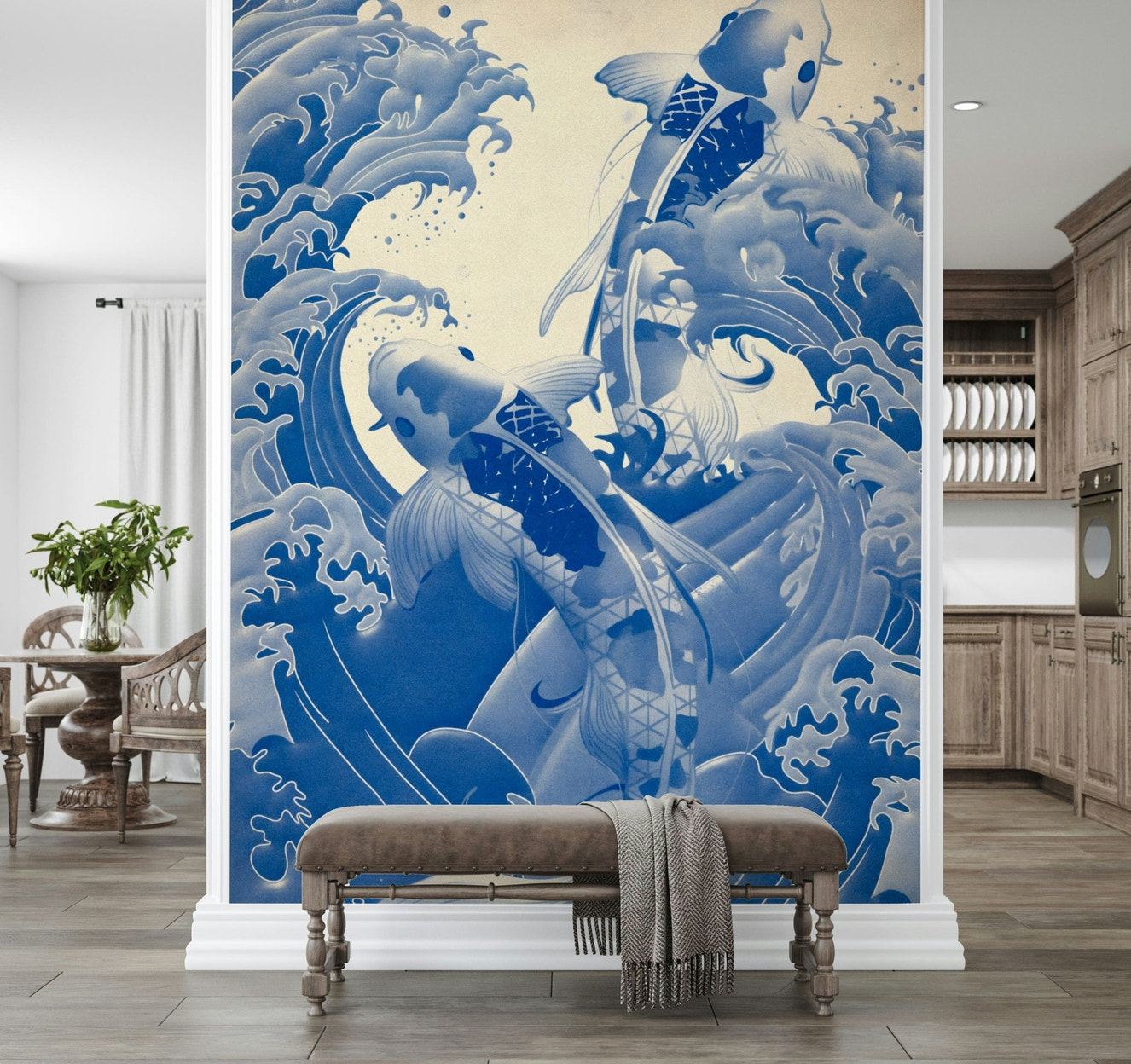 Sophisticated Deep Blue Koi wallpaper offers calming blue tones for bedroom walls.
