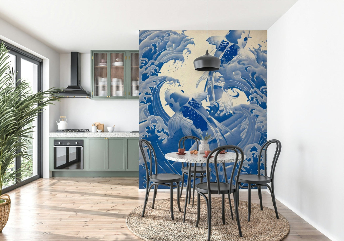 Exquisite Deep Blue Koi wall mural depicts traditional ink wash style aesthetics.