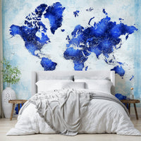 Deep Blue Watercolor World Map Wallpaper with a minimalist aesthetic