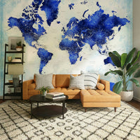Navy blue cartographic wall mural featuring a soft watercolor texture