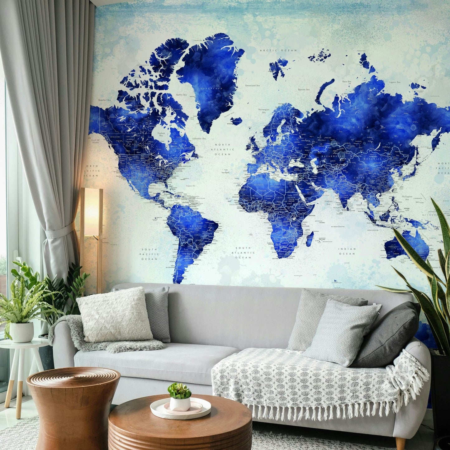 Detailed world map wallpaper in various shades of oceanic indigo