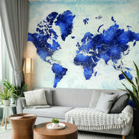 Detailed world map wallpaper in various shades of oceanic indigo