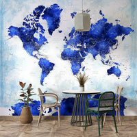 Modern navy blue atlas mural with hand-painted watercolor details