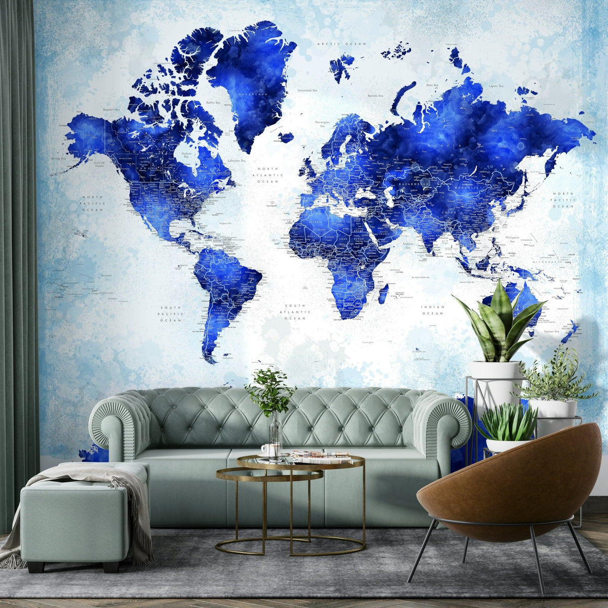 Navy ink style world map wall mural with fluid watercolor edges, GD210