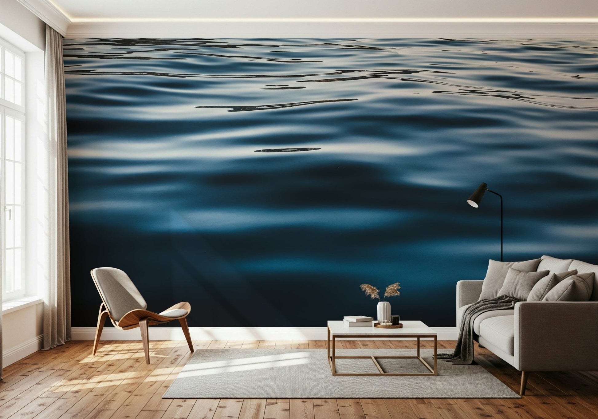 Installation corner showing the easy application of the Deep Blue Waters stick mural.