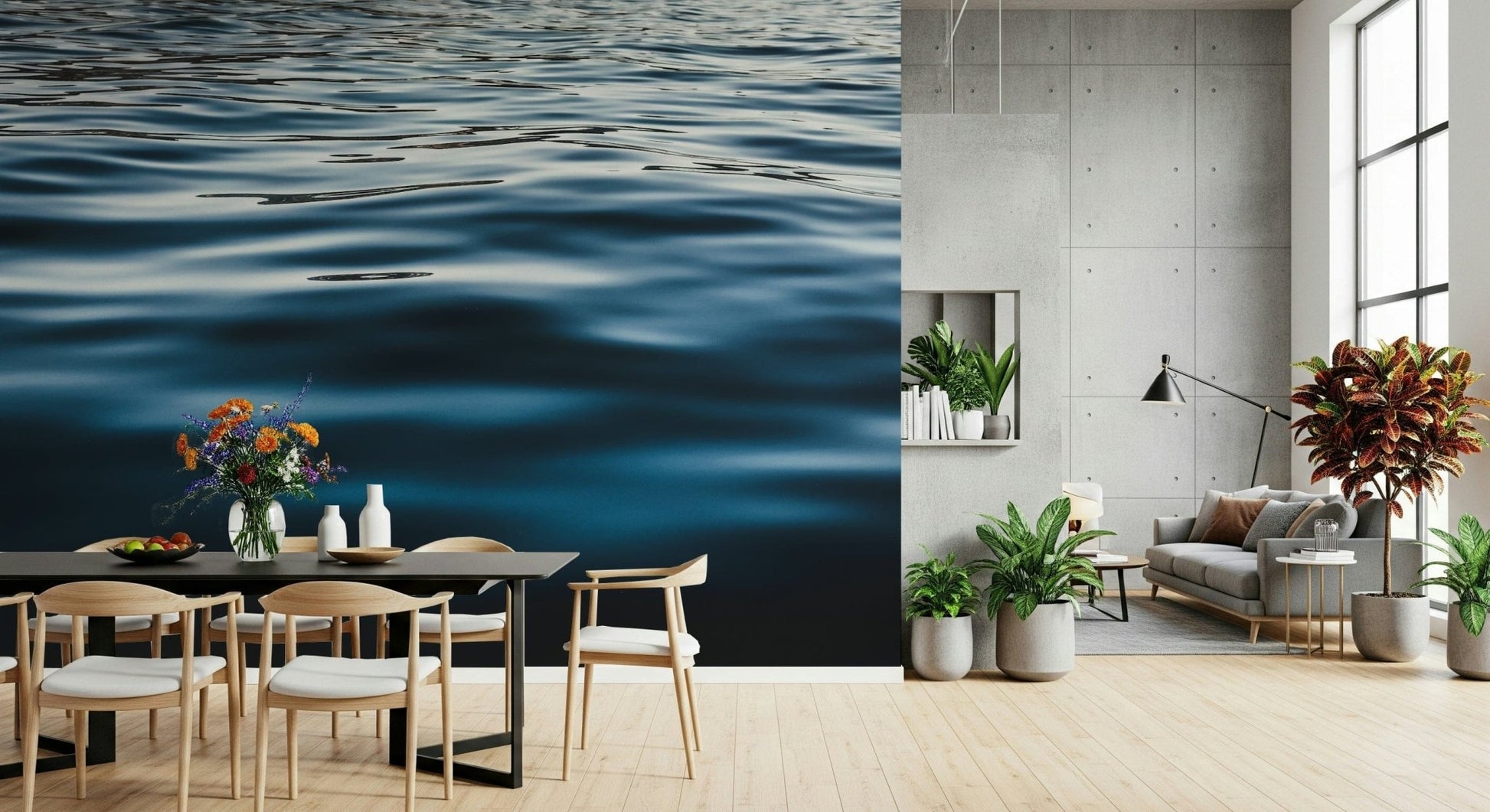 Designer interior featuring the bold, immersive Deep Blue Waters Wall Mural design.