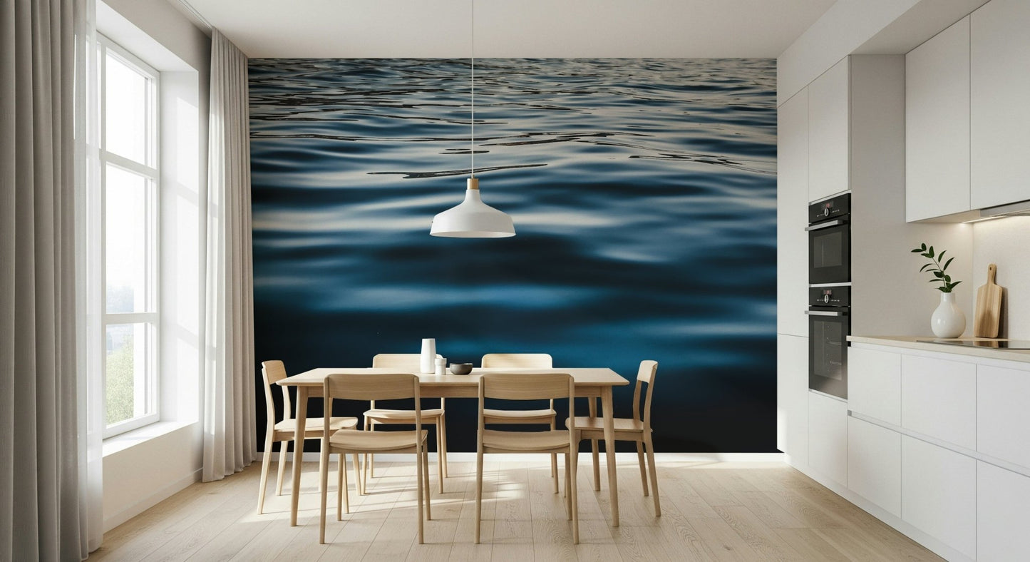 Full view of a dining space enhanced by the expansive Deep Blue Waters Wall Mural.