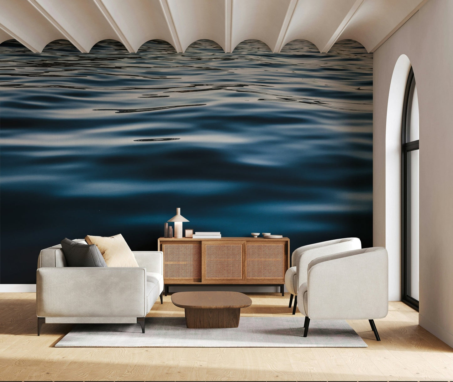 The swirling abstract pattern of the Deep Blue Waters wallpaper for walls.