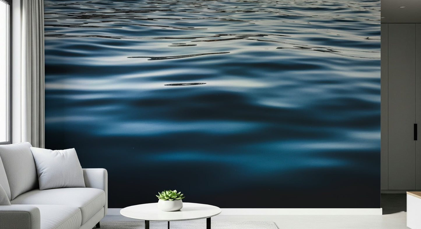 Detailed look at the seamless artistry of the Deep Blue Waters peel and stick wallpaper.