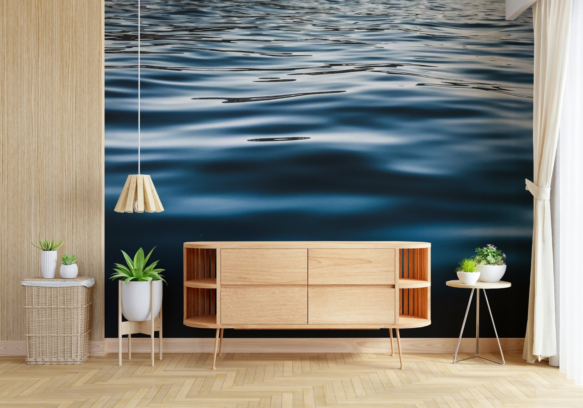 Close-up photo of the vibrant blue colors in the Deep Blue Waters wallpaper mural.