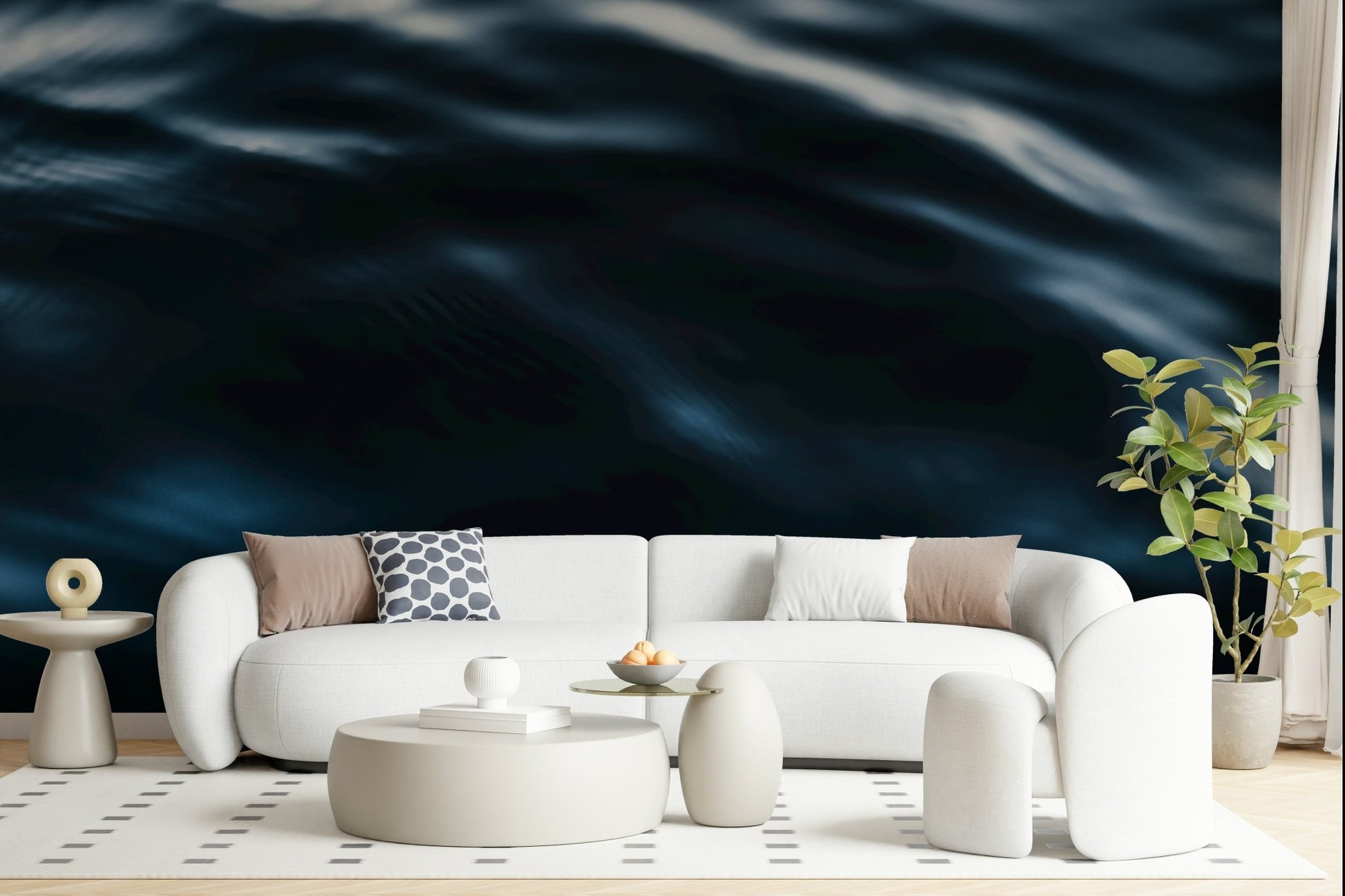 Deep Blue Waves mural in a modern bathroom.