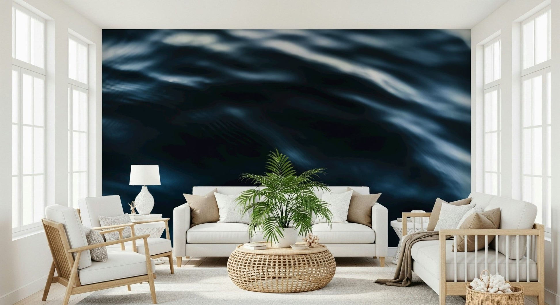 Sofa against the Deep Blue Waves wallpaper mural.