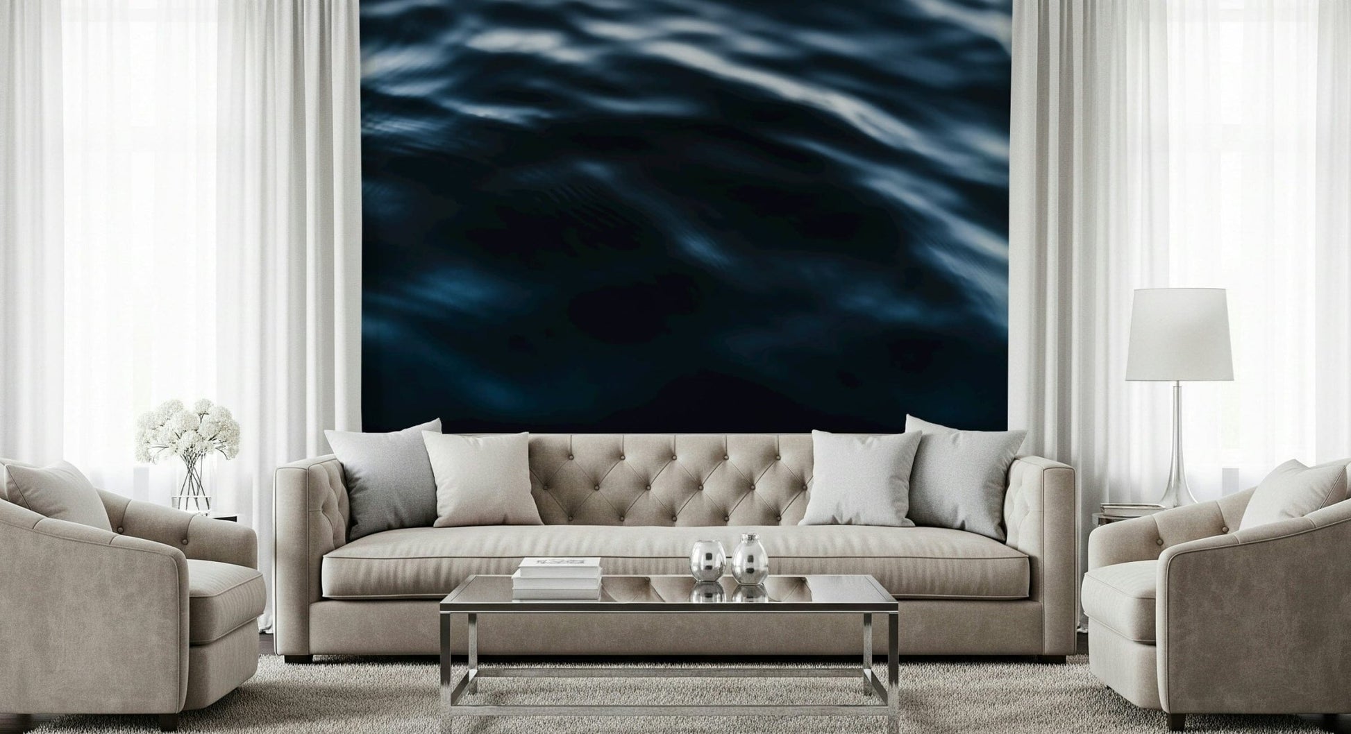 Deep blue and white foam on wave wallpaper.