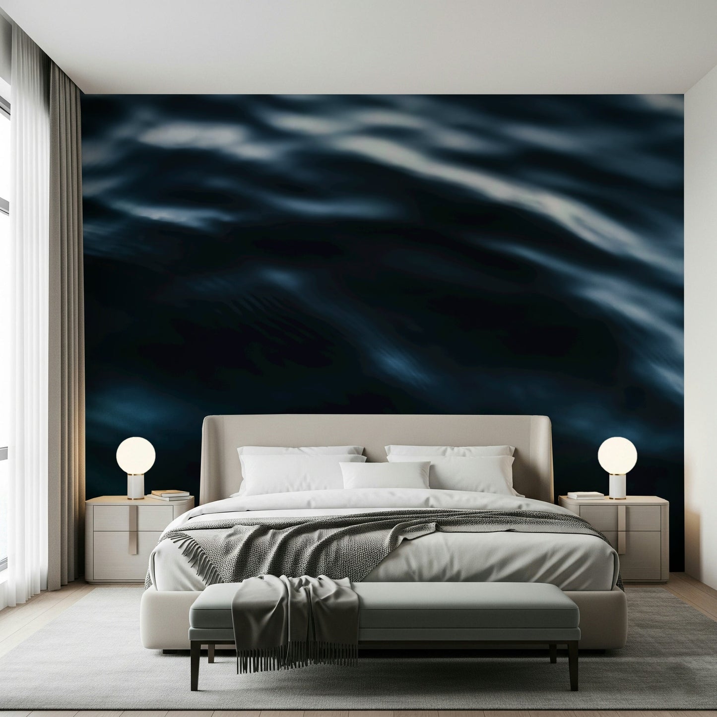 Dining room with expansive ocean wave mural.