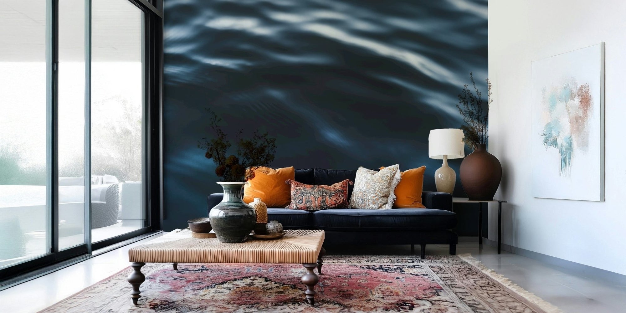 Living room with Deep Blue Waves Wall Mural., GD6045