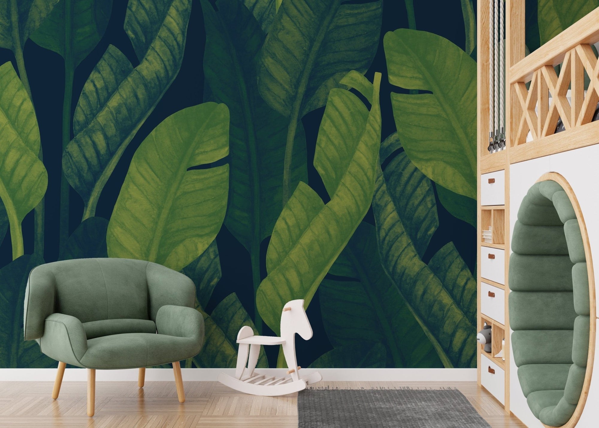 Tropical banana leaf wallpaper mural in deep green A636
