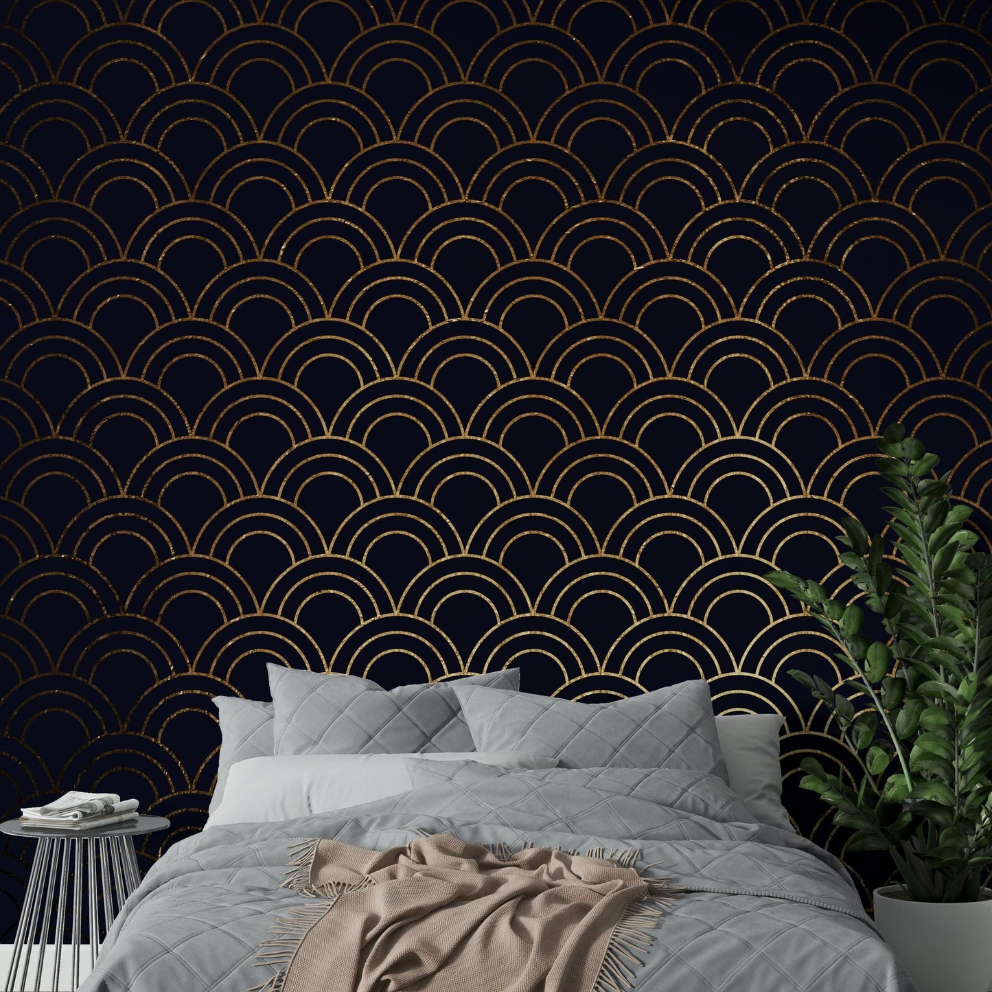 Deep blue wall mural with layered textures
