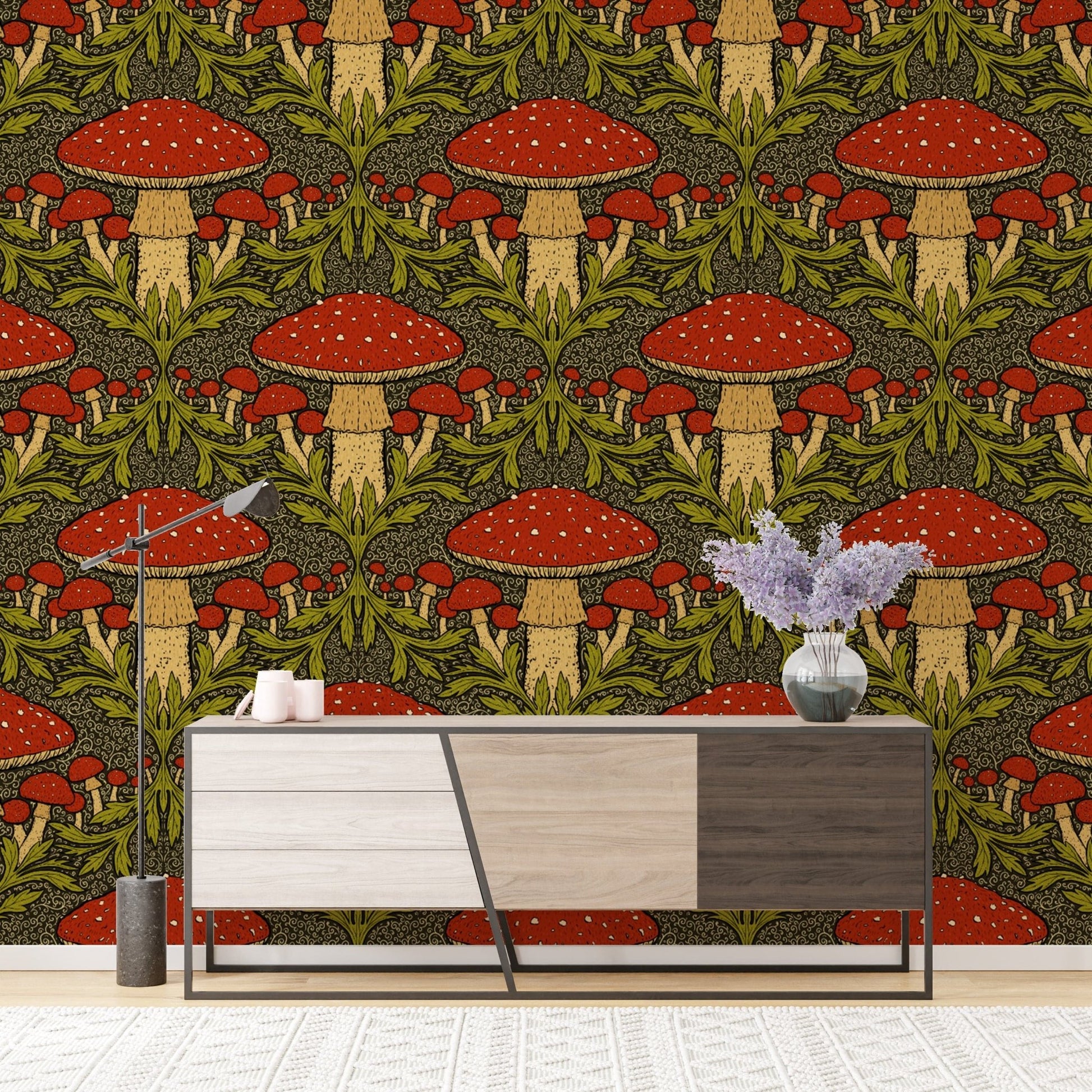 Bold deep red mushroom wallpaper for a striking vintage accent.
