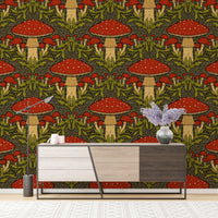 Bold deep red mushroom wallpaper for a striking vintage accent.
