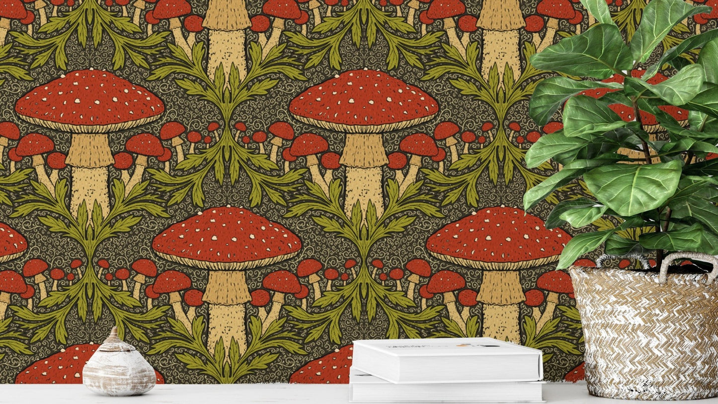 Charming deep red mushroom wallpaper for cozy, rustic spaces.
