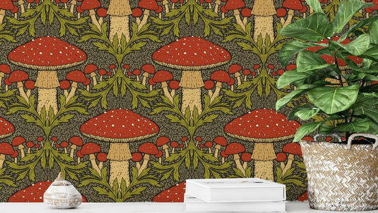 Charming deep red mushroom wallpaper for cozy, rustic spaces. RNM46
