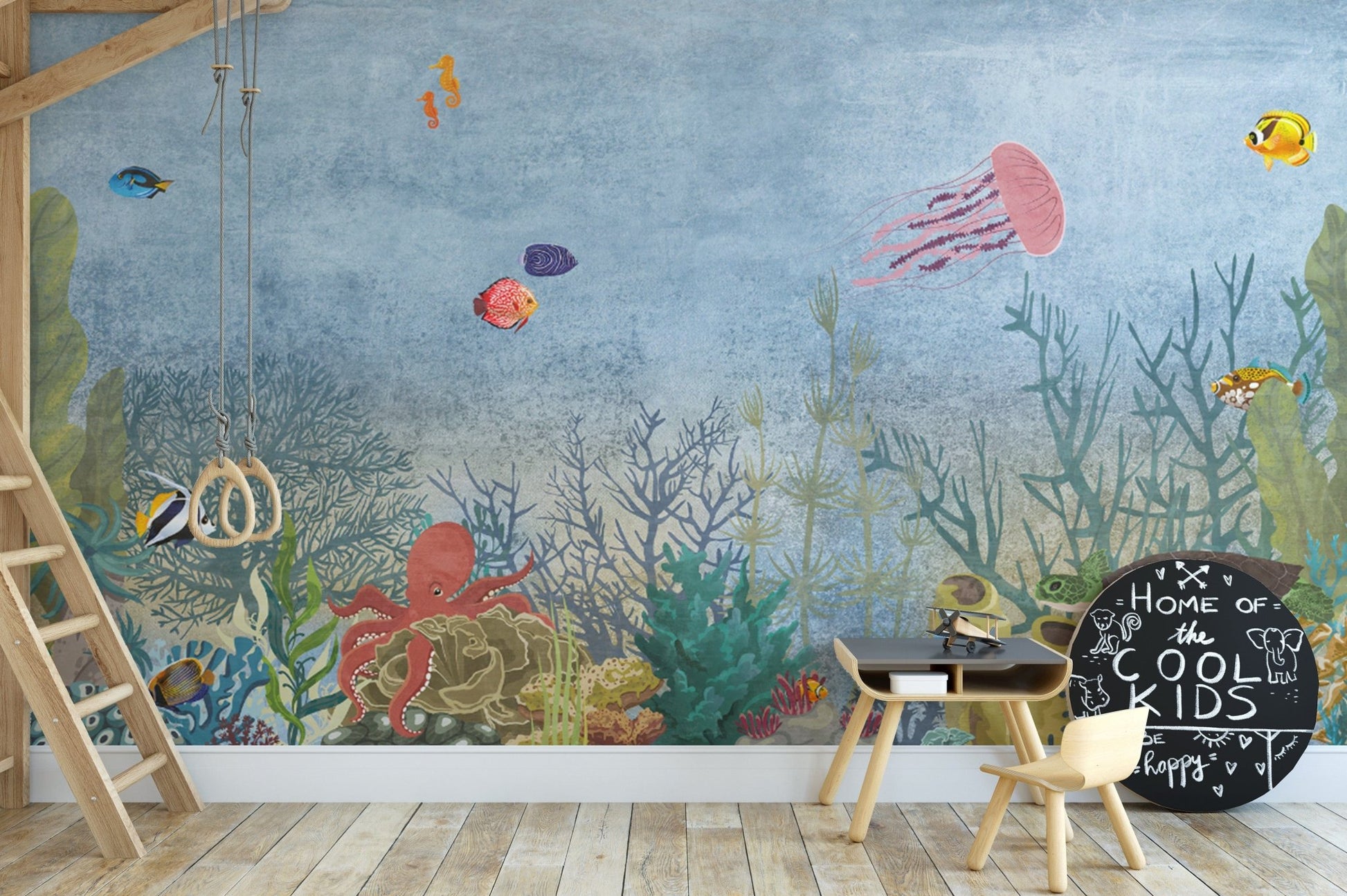 Deep sea mural featuring turtles and jellyfish
