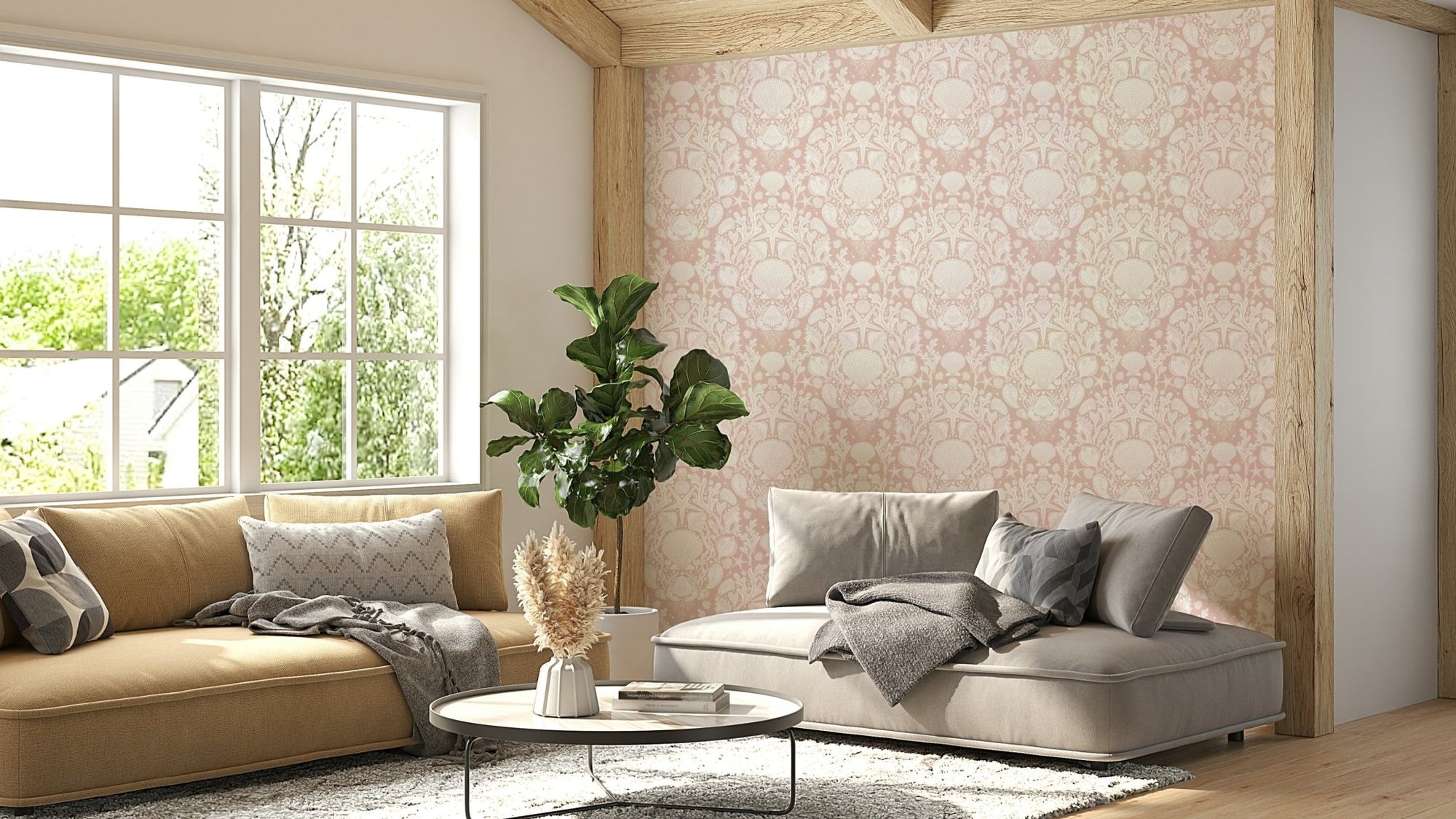 Seashell and fish pattern powder white wallpaper GD472

