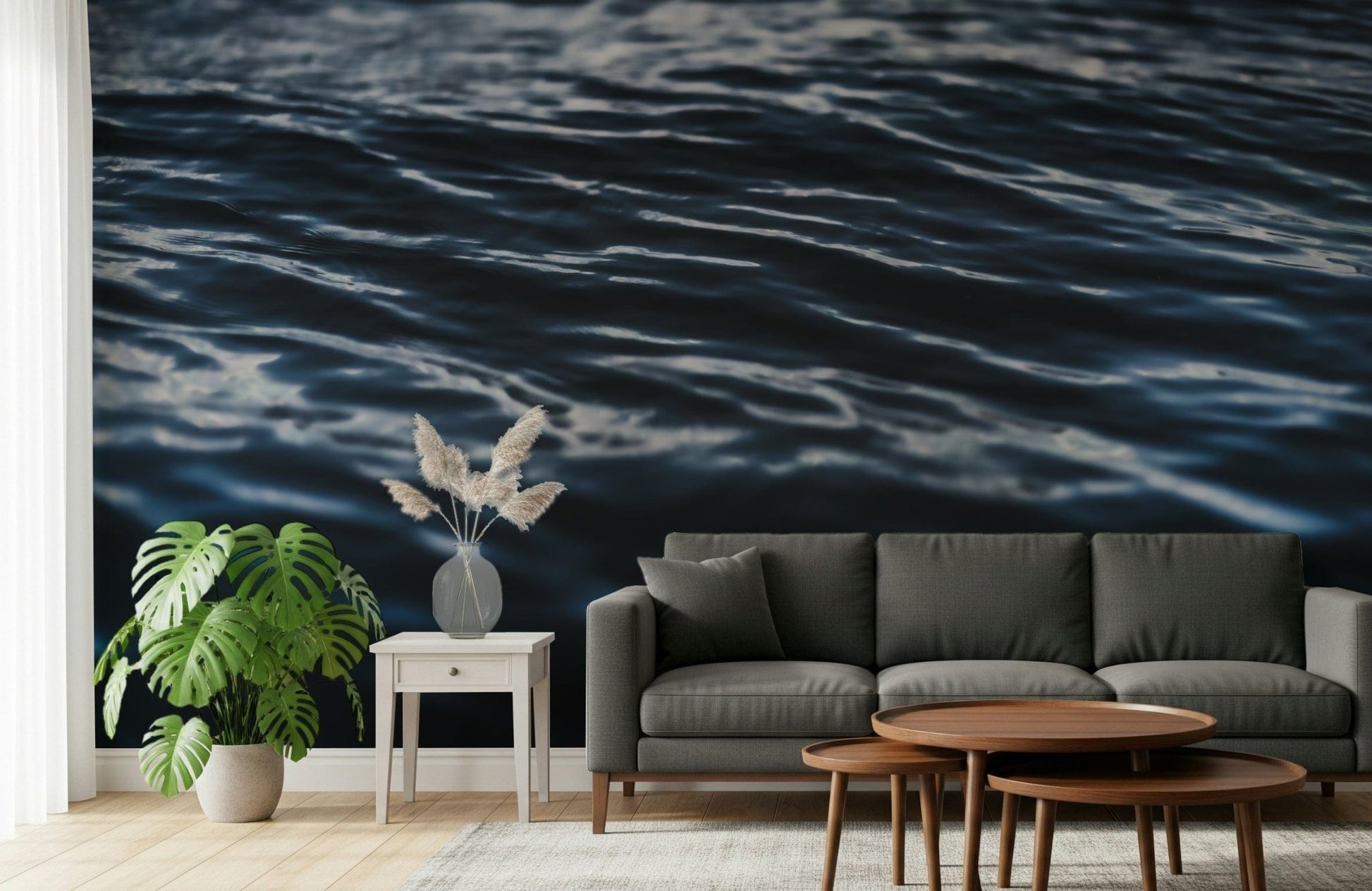 A peaceful modern abstract mural on decorative wallpaper.
