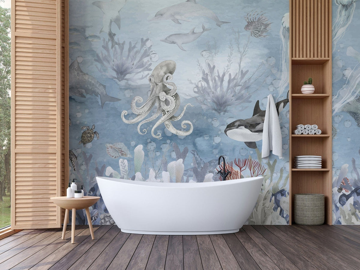 Deep sea symphony wallpaper with vibrant underwater mural., B881