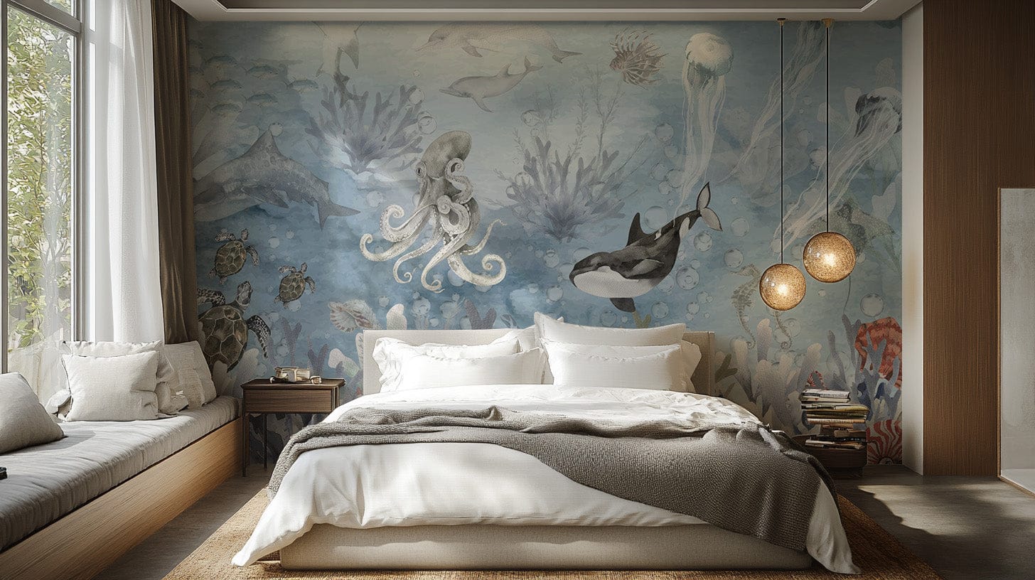 Vibrant underwater mural wallpaper for deep sea enthusiasts., B881