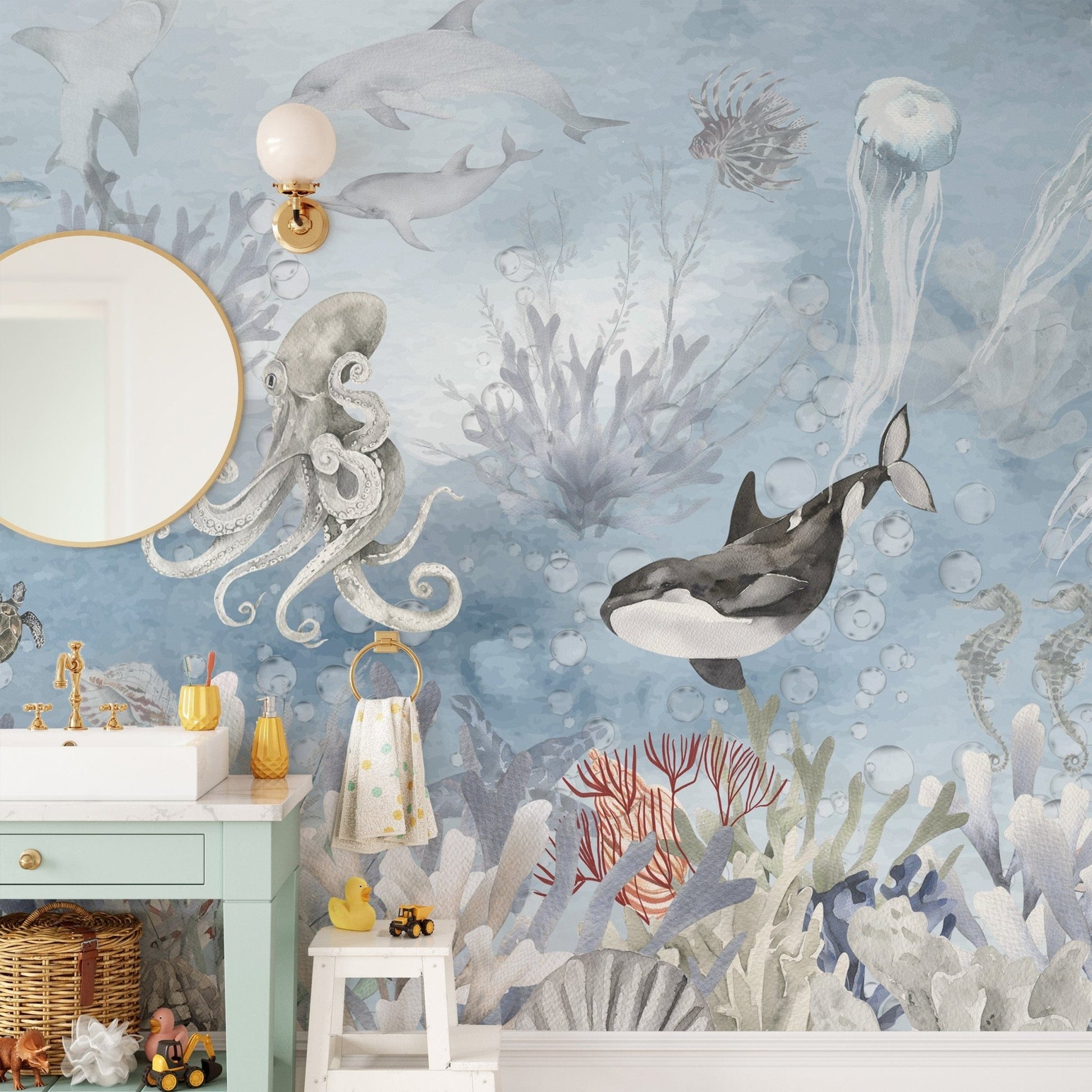 Underwater life wallpaper mural showcasing deep sea symphony., B881