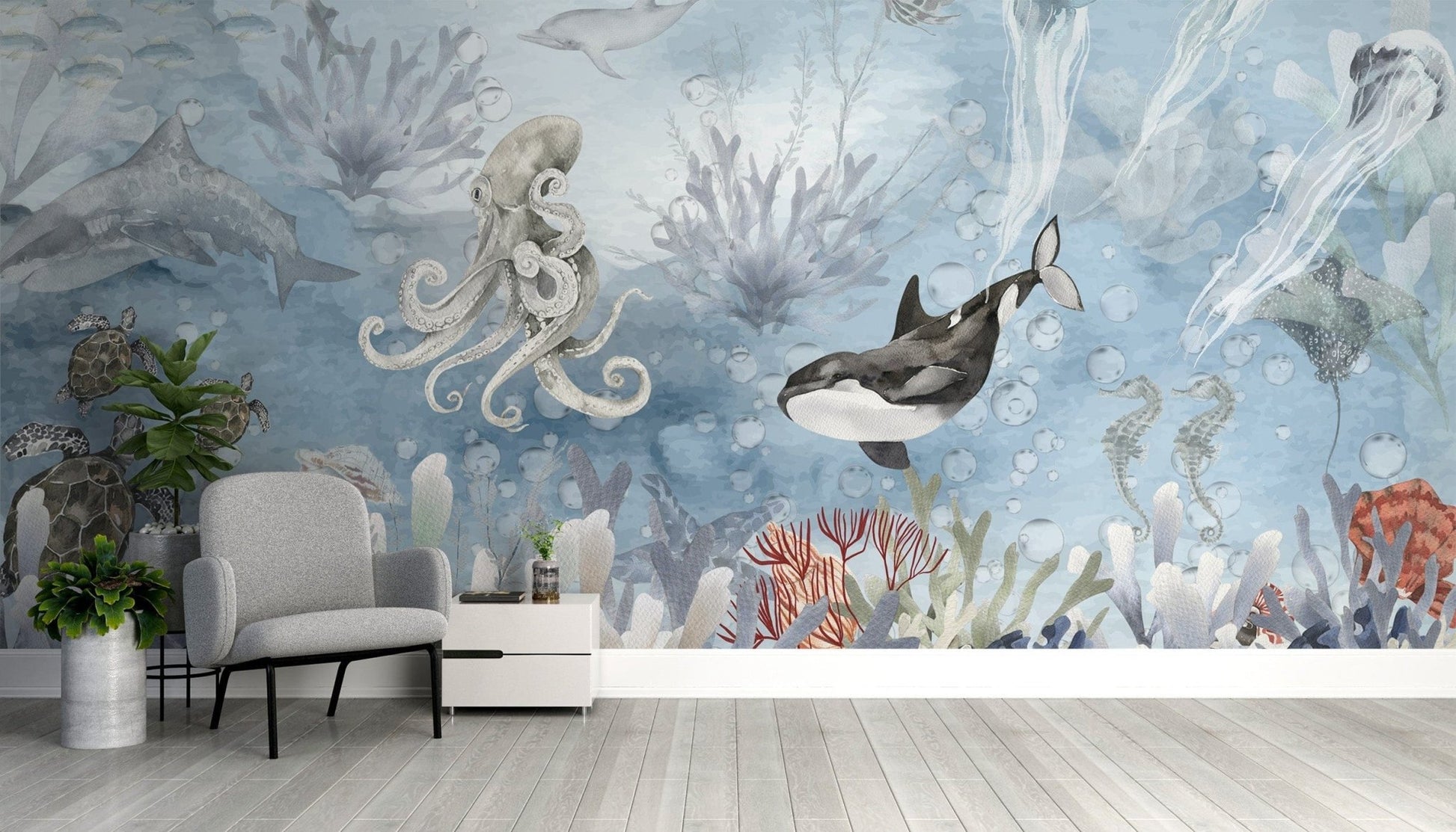 Deep sea wallpaper mural with a captivating symphony design., B881