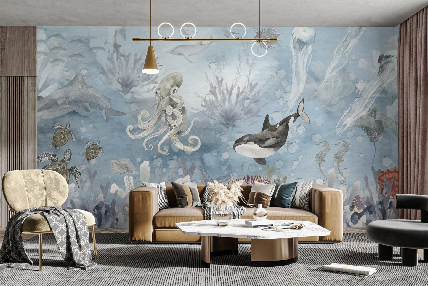 Ocean-inspired symphony mural wallpaper for aquatic decor., B881