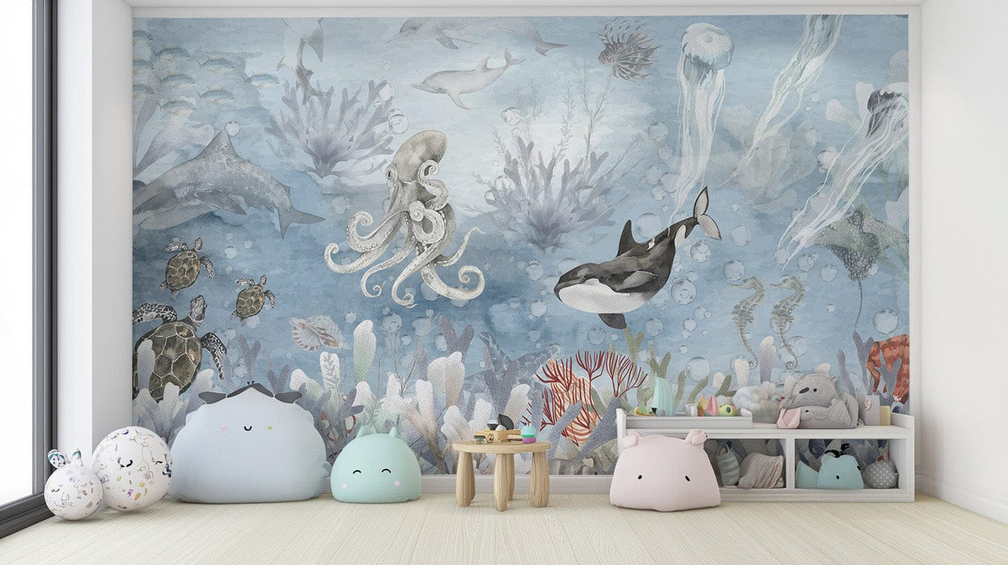 Deep sea creatures wallpaper mural in a symphony of colors., B881