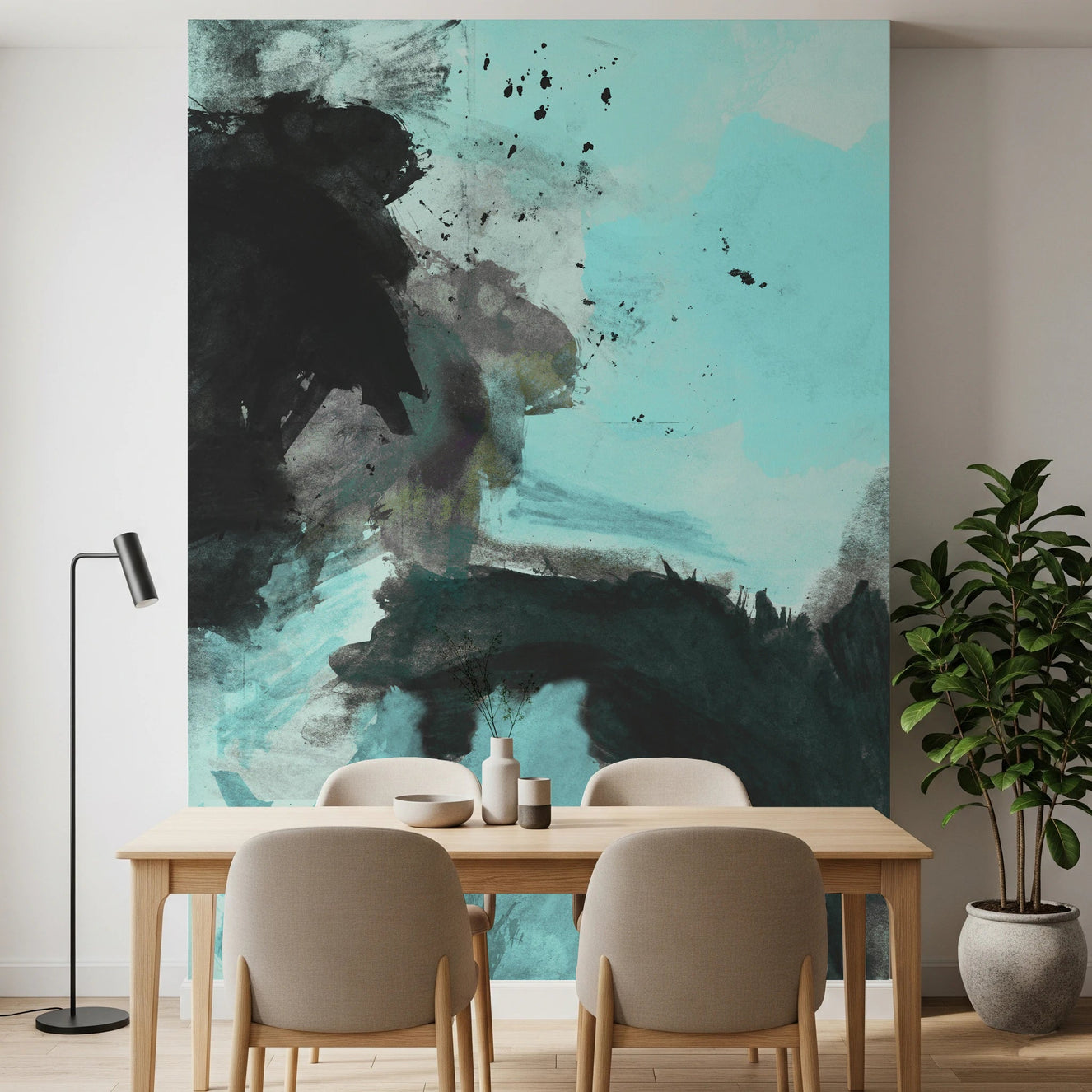 Dining room with Deep Water wall mural in aqua and black abstract strokes