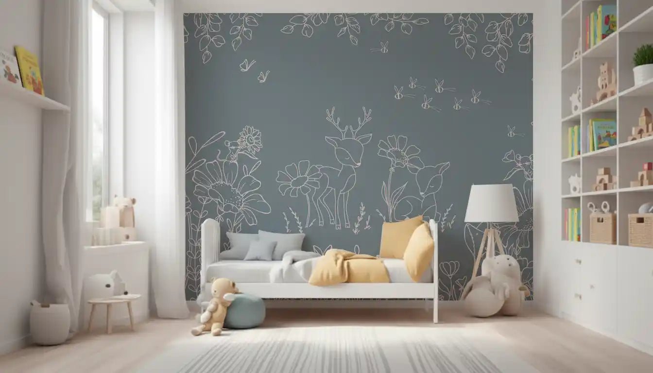Minimal white line art shapes create Deer Doodles Blue Wall Mural, GD9182