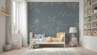 Minimal white line art shapes create Deer Doodles Blue Wall Mural, GD9182
