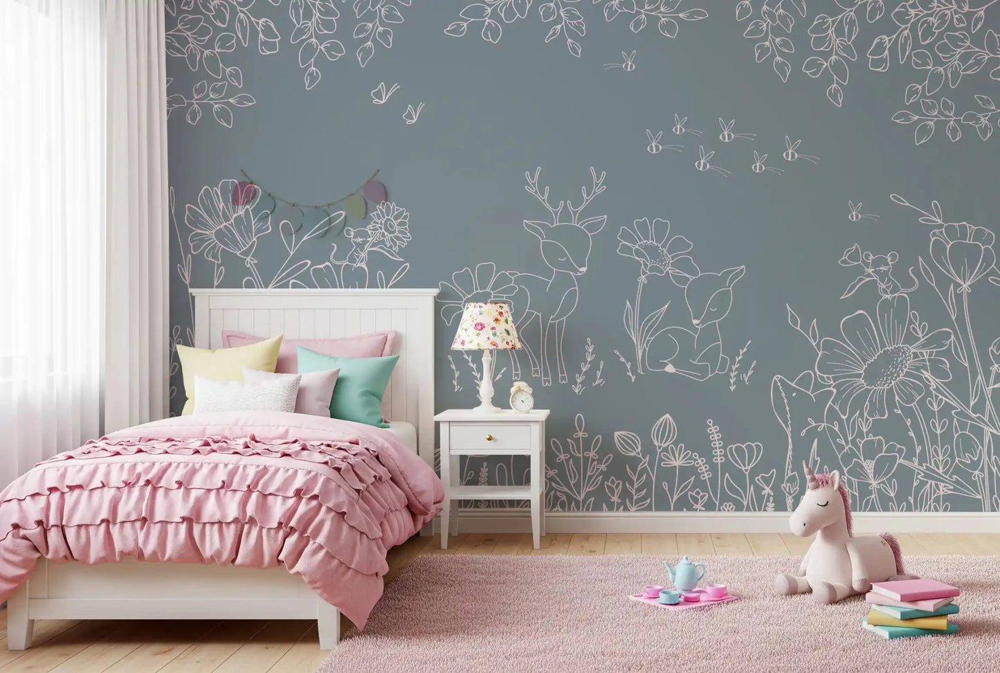 A soft blue wall scene with Deer Doodles Mural and deer figures, GD9182