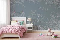 A soft blue wall scene with Deer Doodles Mural and deer figures, GD9182