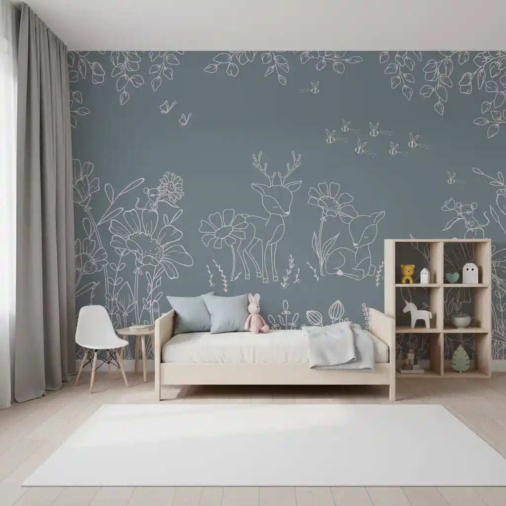 Deer Doodles Blue Wall Mural shows deer, flowers, and leafy stems, GD9182