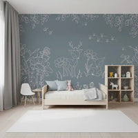 Deer Doodles Blue Wall Mural shows deer, flowers, and leafy stems, GD9182